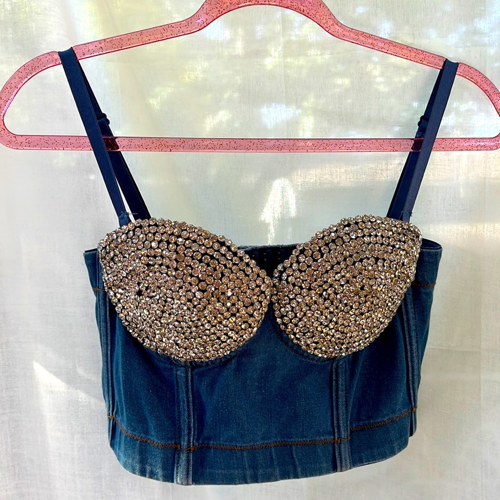 Denim rhinestones crop top